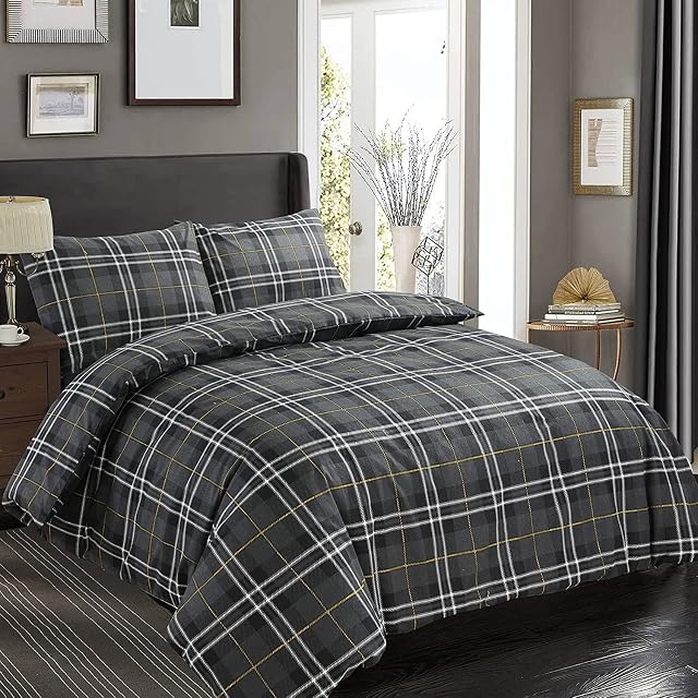 Vingardium Leviosa VL Tartan Check Flannelette Duvet Cover Sets Brushed Cotton Flannel Fleece Double Duvet Set with Pillow Covers Reversible Easy Care Warm Cosy Thermal Bedding Set (Charcoal, Double)