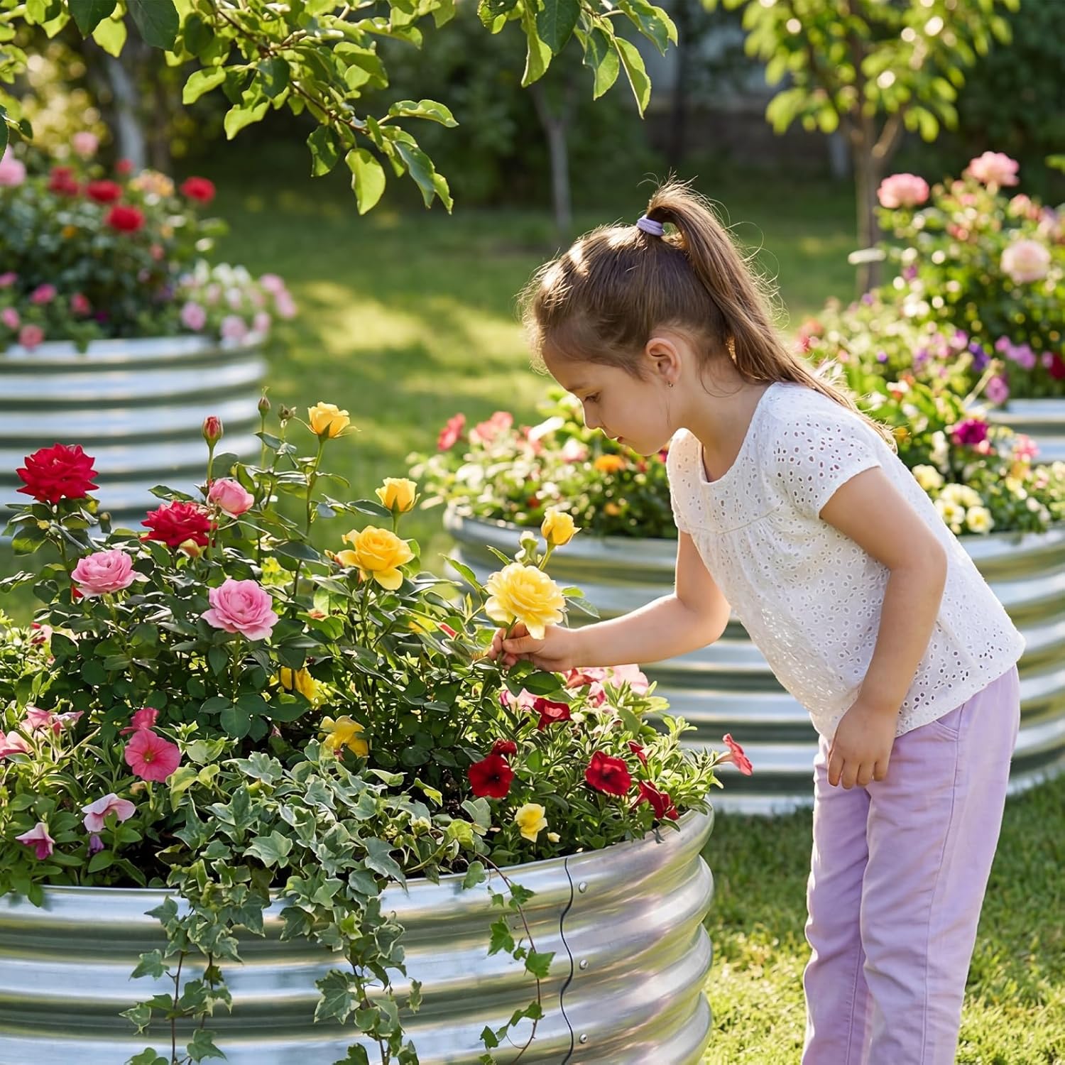 AHEONLAR 3PCS 2x2x2FT Galvanized Raised Garden Bed Kit Round Metal Flower Box Large Planter Raised Beds Outdoor Garden for Planting,Fruit,Herb Silver