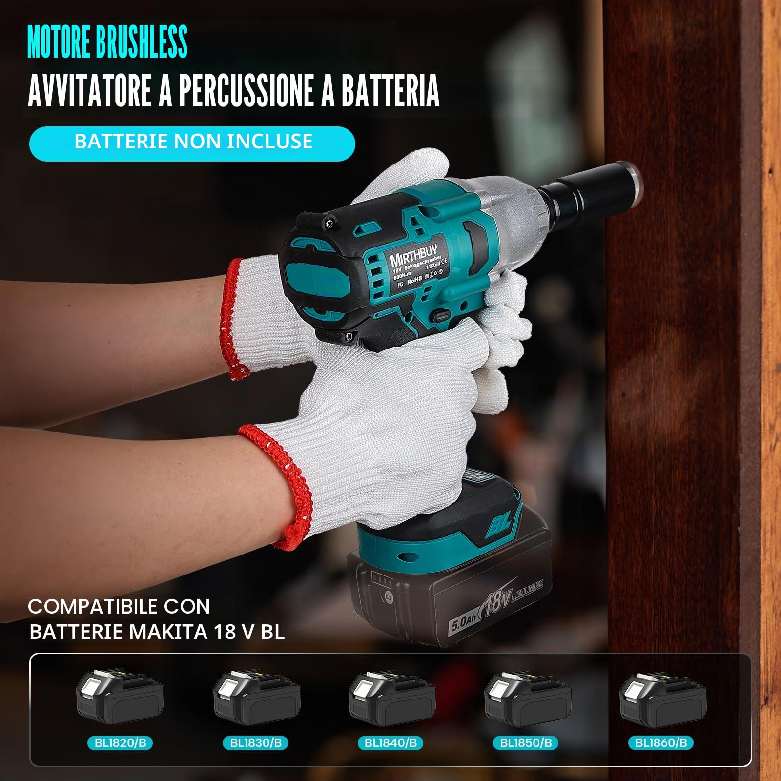 Chiave a impatto elettrica senza fili 600 N.M, 1,27 cm, chiave a impatto elettrica 18 V, chiave a impatto senza spazzole per Makita BL1830, BL1830B, BL1840, BL1840B, BL1850, BL1850B, BL1860B