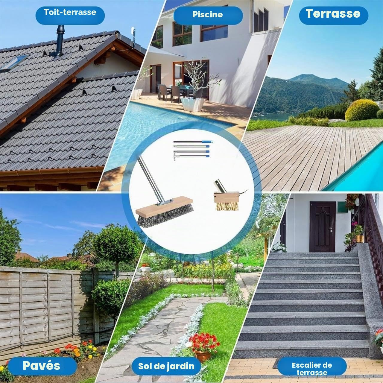 Lot de 2 balais métalliques avec manche - 160 cm - Pour désherbeur de mousse - En acier - 2 têtes de brosse en fil métallique avec grattoir - Robuste - 30 cm - Pour mousse, jardin, terrasse, terrasse