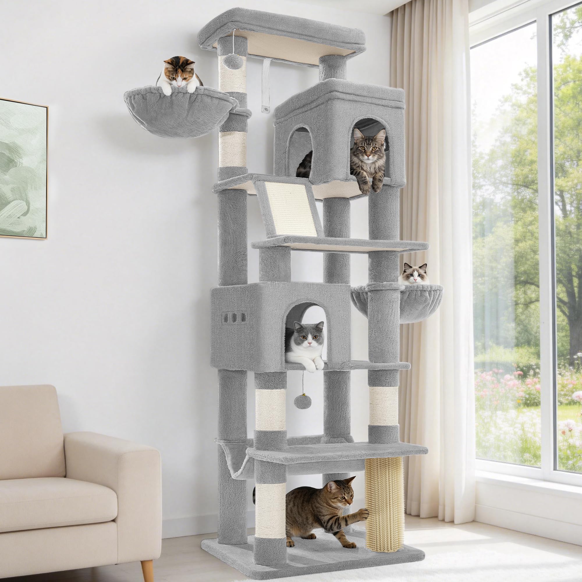 Hzuaneri Albero Tiragraffi Grande per Gatti, Torre per Gatti da Interno 213 cm con 2 Grandi Piattaforme, 2 Grotte, 2 Ceste, Amaca e 5 Pali, per Tutte le Razze di Gatti, Grigio Chiaro, MS21318LG