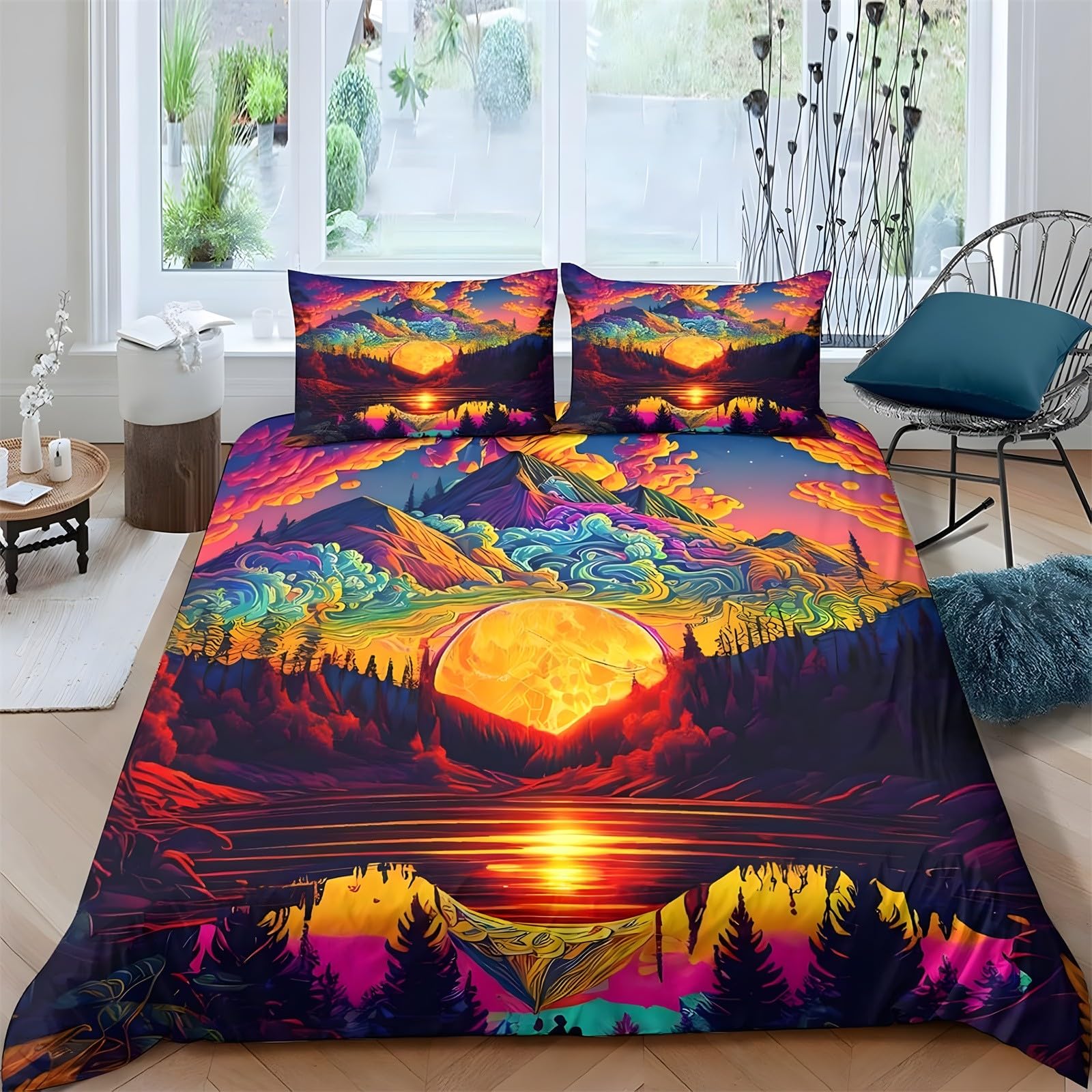Ypthriline Neon Single Duvet Cover Set Sunset Bedding Set Microfiber Duvet Covers With Pillowcases Reversible Bedding With Zipper Closure 135X200cm