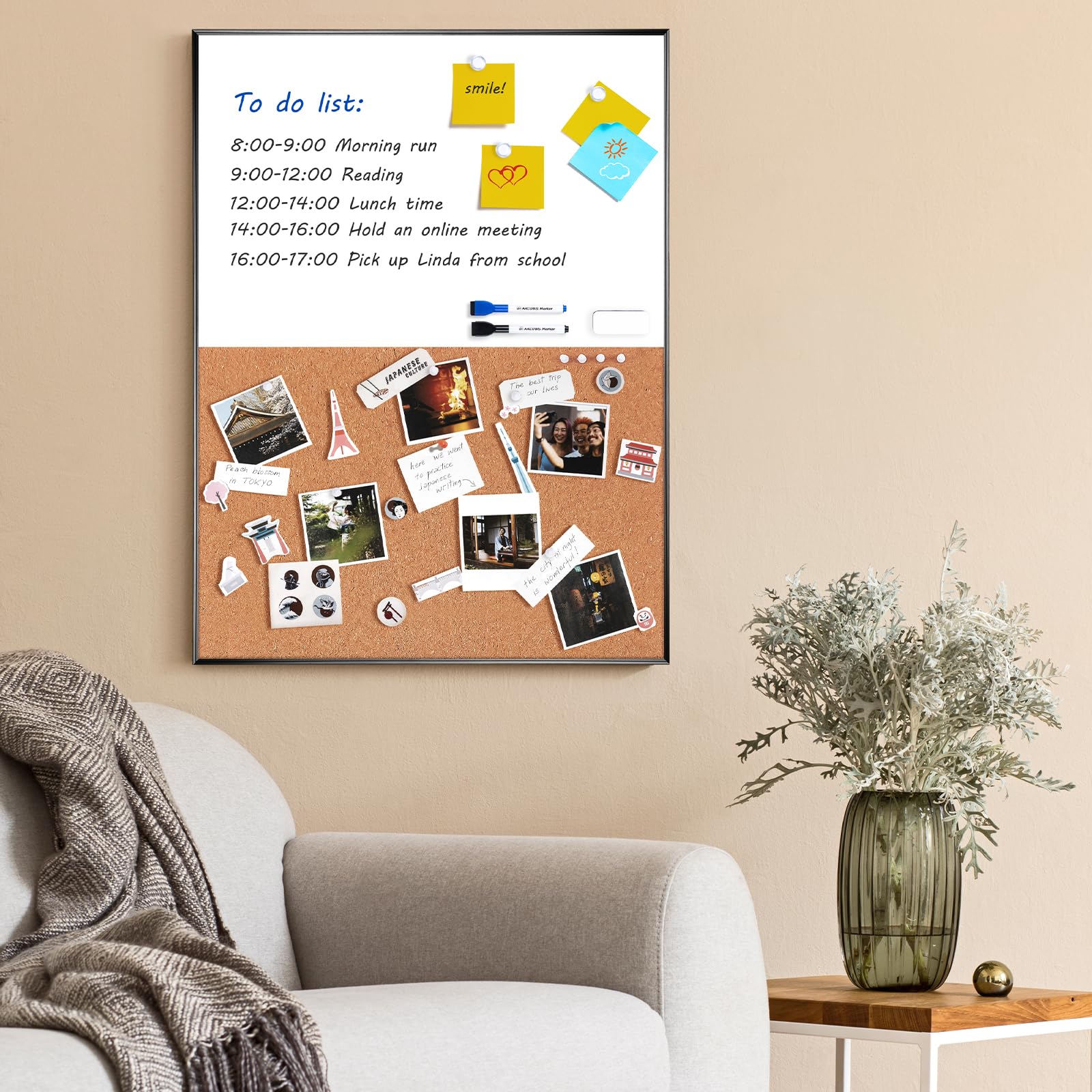 ARCOBIS Pizarra de Corcho Blanca Combinada y Magnética de 60 x 45 Pulgadas - Marco Negro, Borrado en Seco, Tablero de Anuncios y Visión para Pared del Hogar
