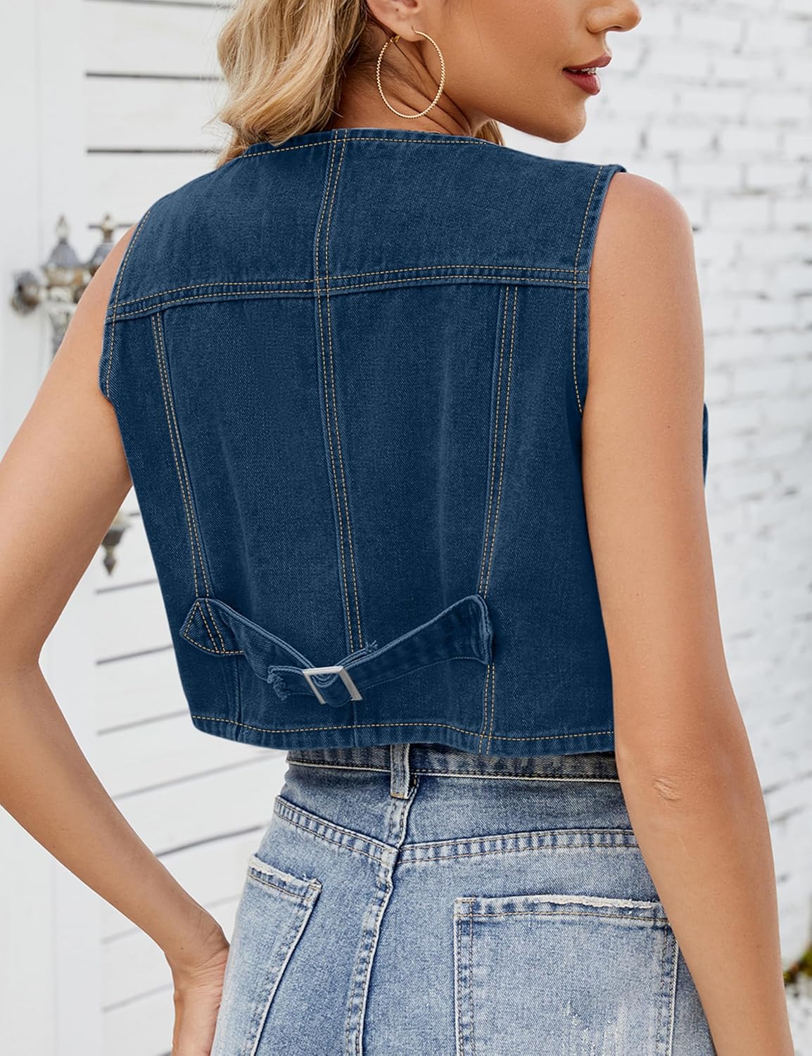 Denim Vest Women Top Summer Crop Tank Corset Button Down Sleeveless Tops Sexy V Neck Jean Waistcoat Jacket Shirts - Image 6