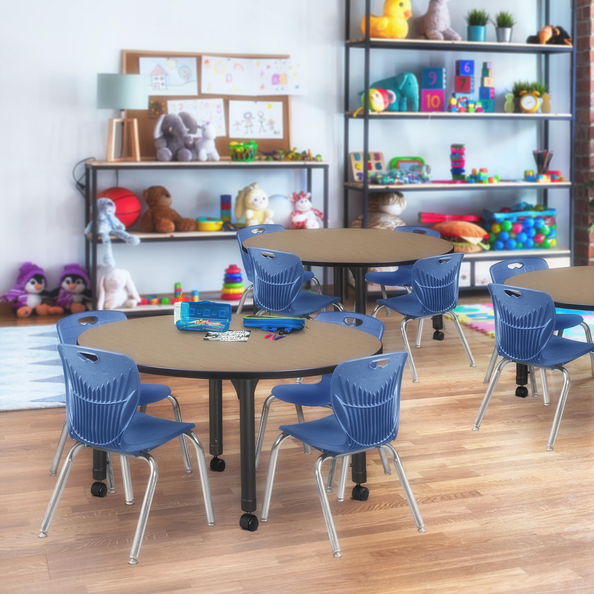 Regency Kee 48 in. Round Mobile Adjustable Classroom Table- Noble Oak Top, Black Base & 4 Andy 12 in. Blue Stack Chairs