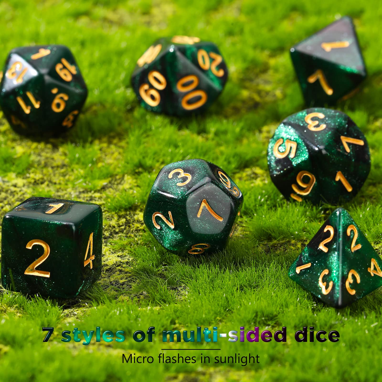 Set de 7 Dados Poliédricos DND con Bolsa Negra para Calabozos y Dragones de Juegos de rol RPG (Nebulosa Verde Negra)