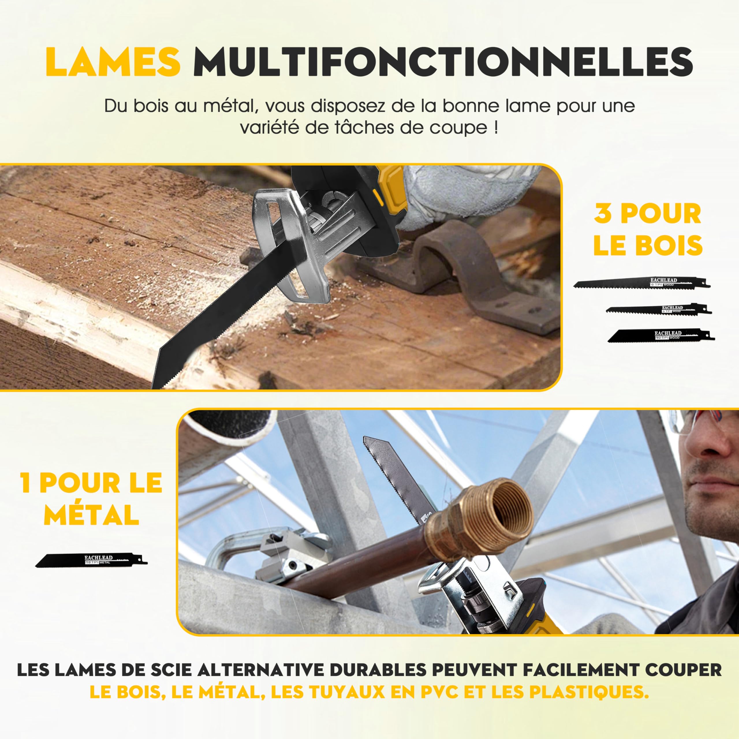 Scie Sabre Sans Fil pour Dewalt Batterie 21V, Scie Électrique Sans Fil avec 4 Lames et Boîte à Outils, Vitesse Variable 0-2500RPM pour le Bois/Métal/PVC (Batterie Non Incluse)