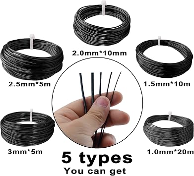 Alambre Bonsai Alambre para Manualidades Kit Bonsai Principiantes de 5 Tamanos de Alambre de Aluminio Anodizado-1,0 mm, 1,5 mm, 2,0 mm, 2,5 mm, 3,0 mm (50 Metros Total,5 Tamanos,Negro)