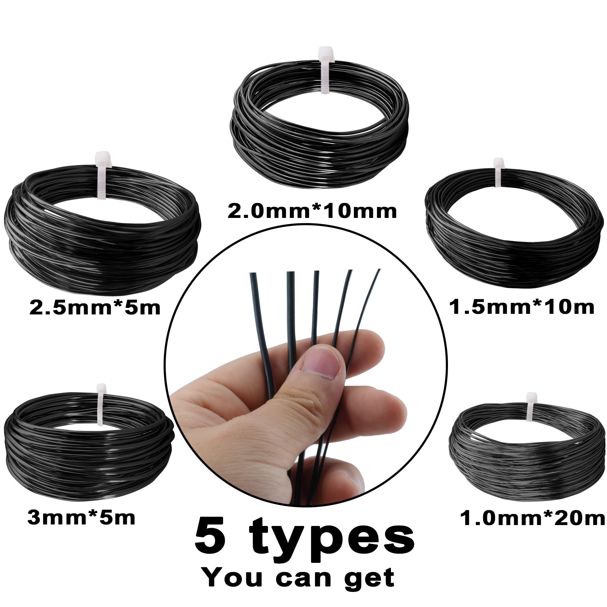 Filo Bonsai|Alluminio Anodizzato Filo per Bonsai 5-Formati Set di Avviamento - 1,0mm, 1,5mm, 2,0mm, 2,5mm, 3,0mm (5 Formati, 50 Metri Totale,Nero)