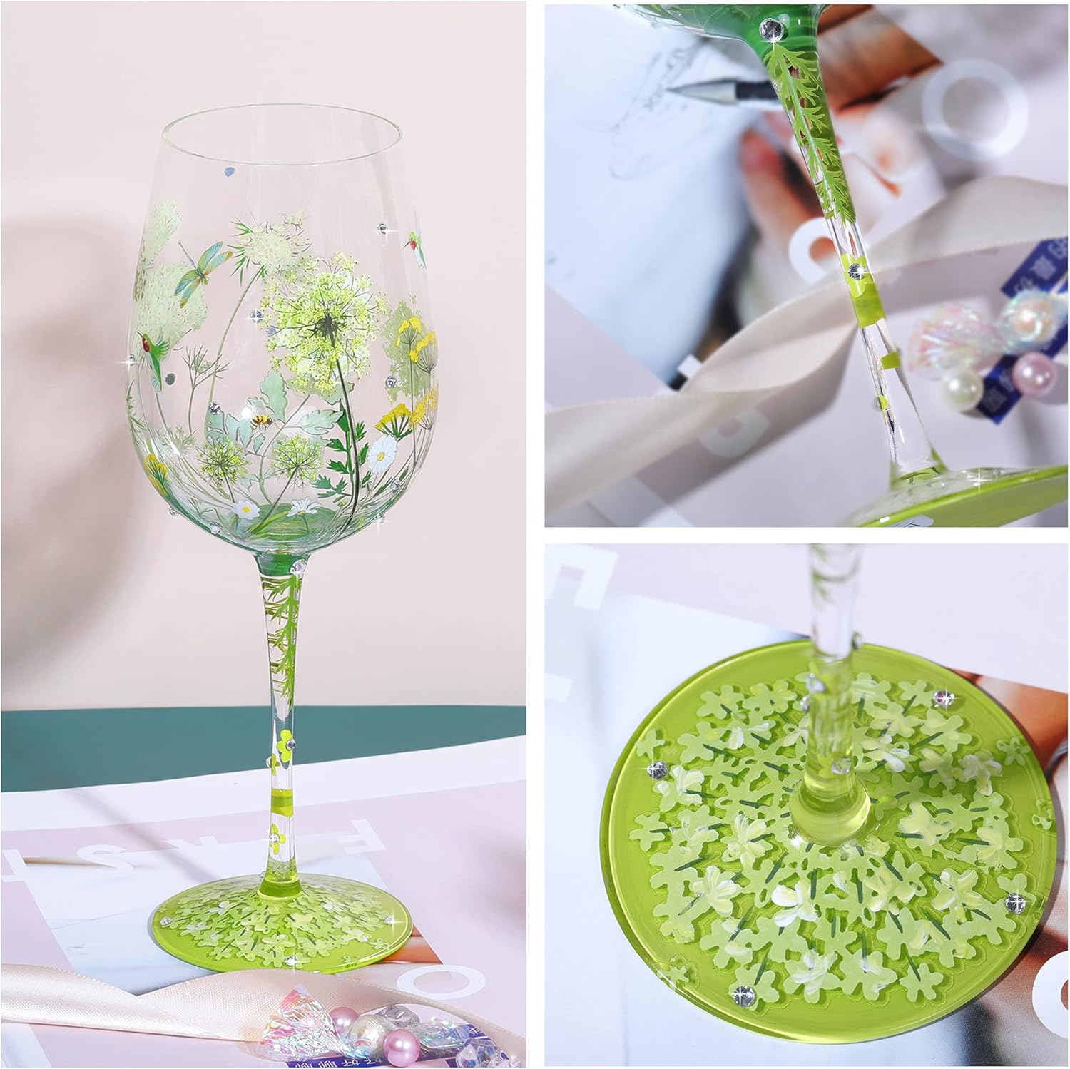 NymphFable Colorful Wine Glass Flower Bird Gragonfly Artisan Painted 15oz Personalised Gift for Best Friend - Image 4