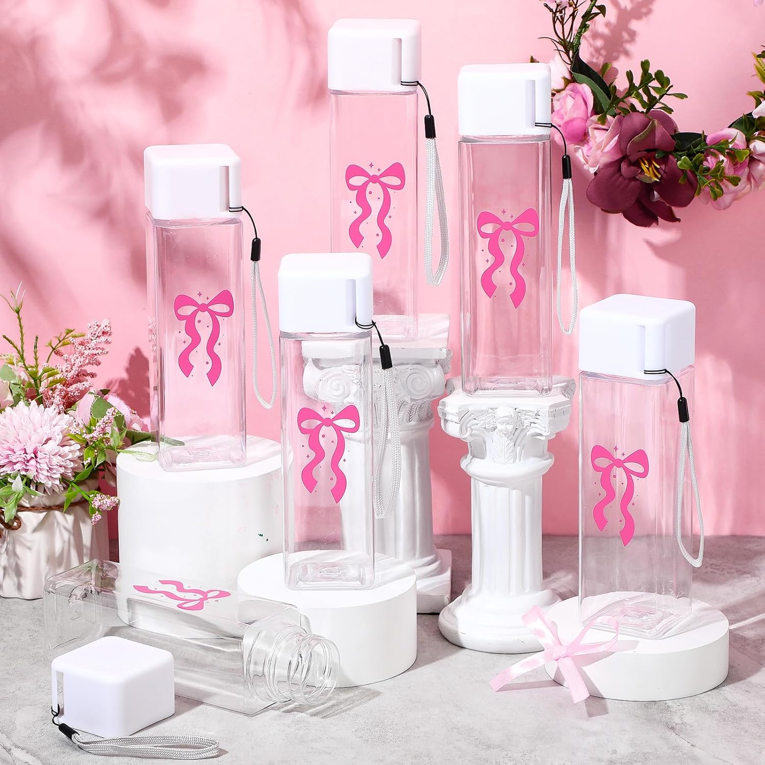LemonRoad 24 Pcs Pink Bow Water Bottles Bulk for Adults, 17 oz Leak Proof with Carry Strap, Clear Square Reusable Drink Water Bottles for Outdoors Fitness Coquette Party Favors