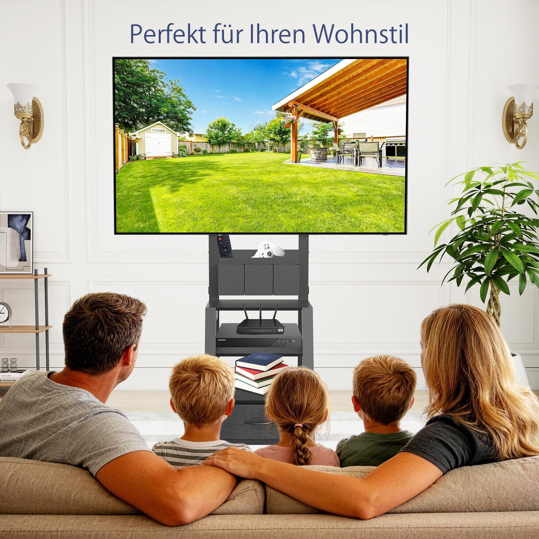 Rollbarer TV-Ständer mit Schublade & 3 Ablageflächen für 23"-60" Flach/Curved TV bis 723kg (LCD/LED/OLED), Chariot de TV Mobile, für Zuhause, Büro und Außenbereich, max VESA 400x400 mm, Schwarz
