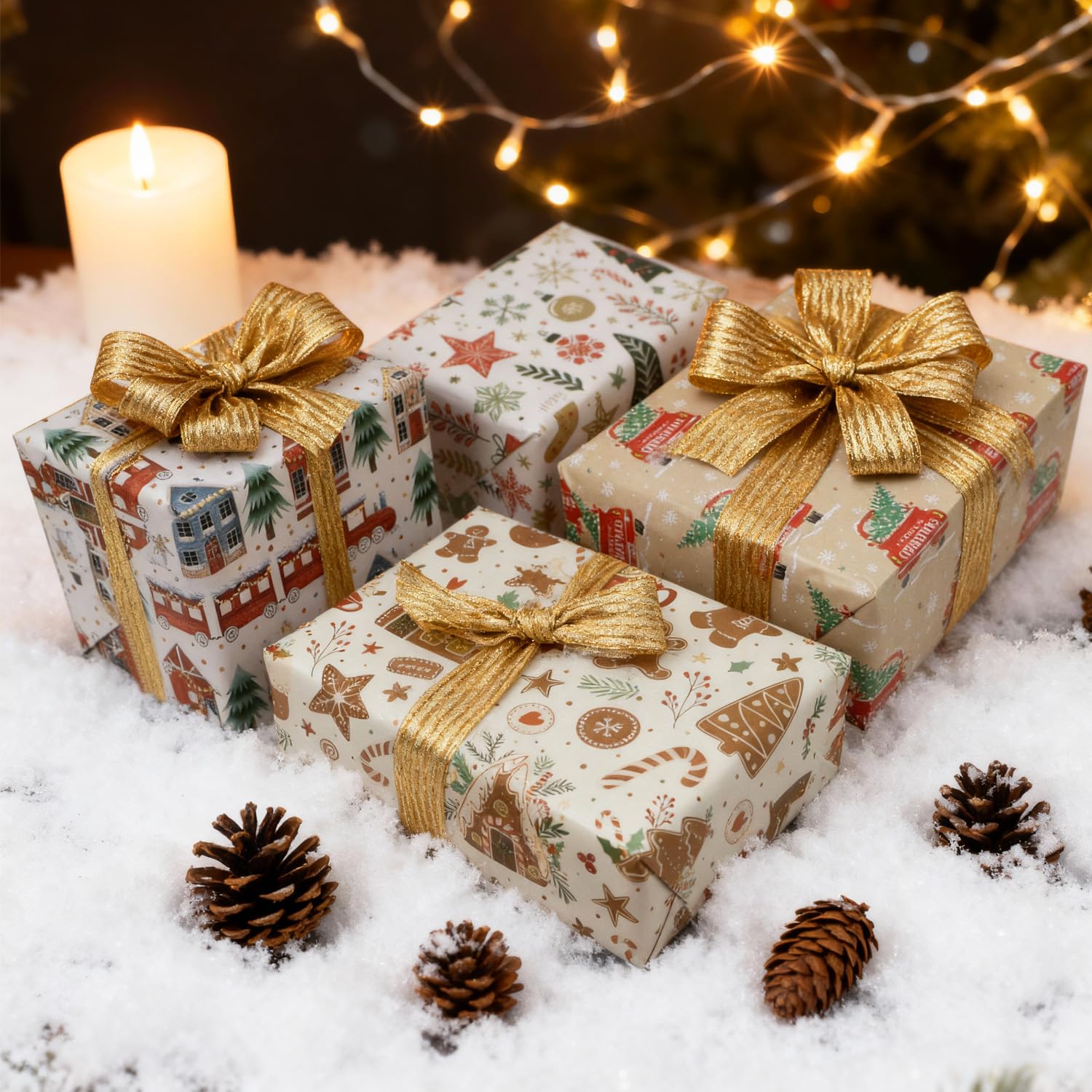 ZDSPIDE Weihnachts-Geschenkpapier-Set für Kinder und Erwachsene, 12 Jumbo-Blätter (50 x 69,8 cm), Urlaubs-Geschenkpapier mit Lebkuchenhaus, Aquarell-LKW, Weihnachtsbaum und Zug