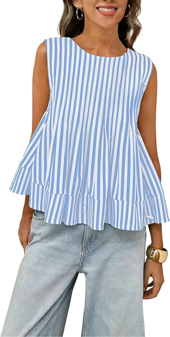 Womens Casual Loose Striped Peplum Top Boho Sleeveless Babydoll Tank Summer A-Line Swing Shirt Y2K Pleated Blouse