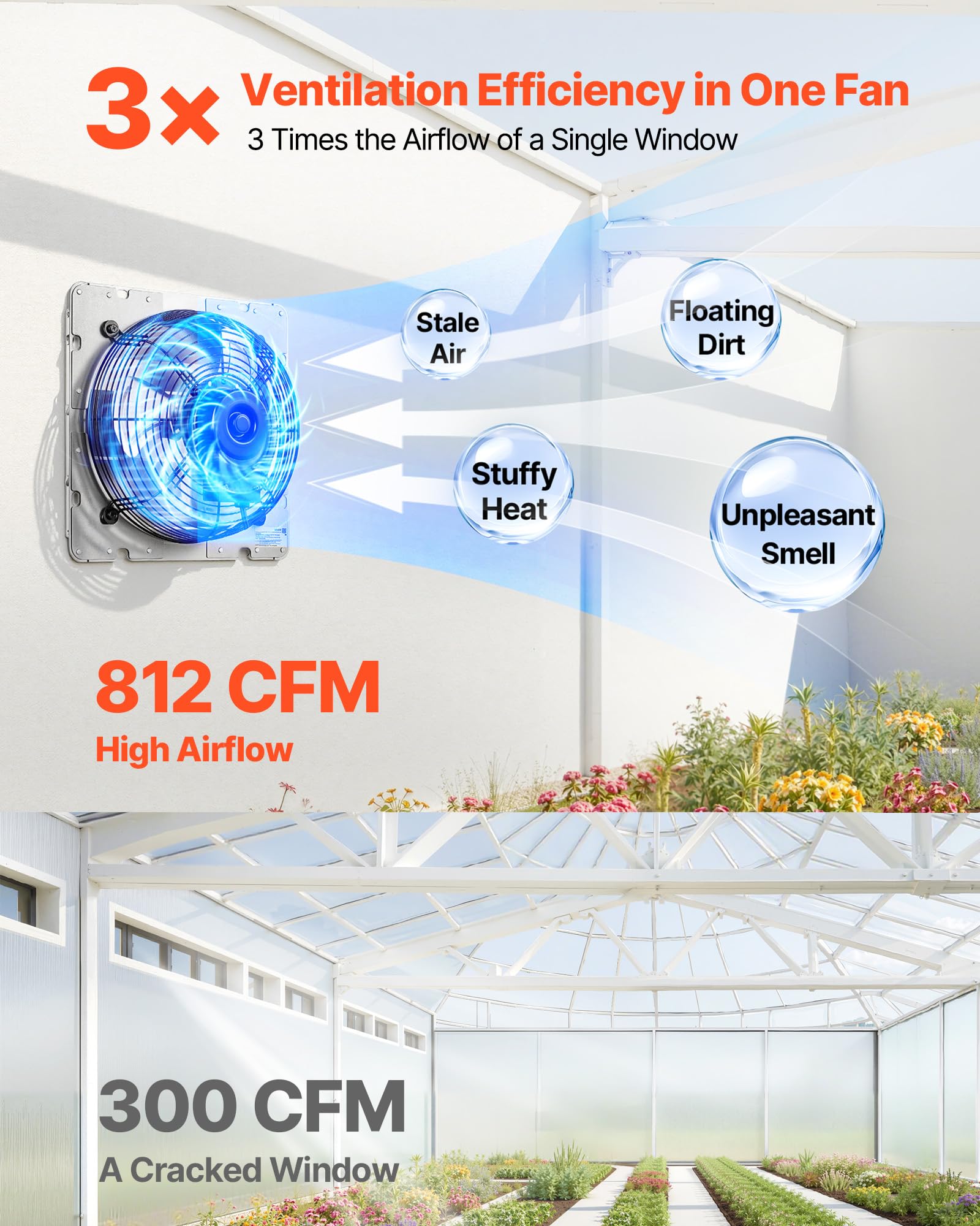 VEVOR Ventilateur d'Extraction à Volets 268 mm Extracteur d'air Mural 25,5W | pour Grenier, Garage, Grange, Serre et Atelier, Débit 1380 m³/h, Volets Automatiques, Faible Bruit, Boîtier en Acier, Argenté