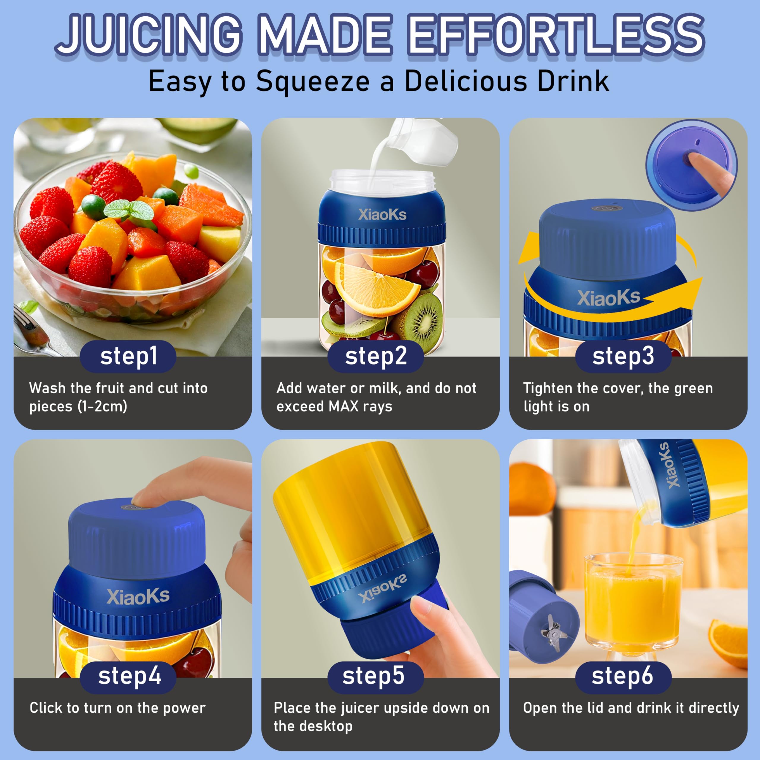 Licuadora portátil personal para batidos y batidos con taza de viaje de 43 onzas, USB recargable con taza y tapa sin BPA, vaso pequeño para cocina, oficina, viajes, gimnasio (azul)