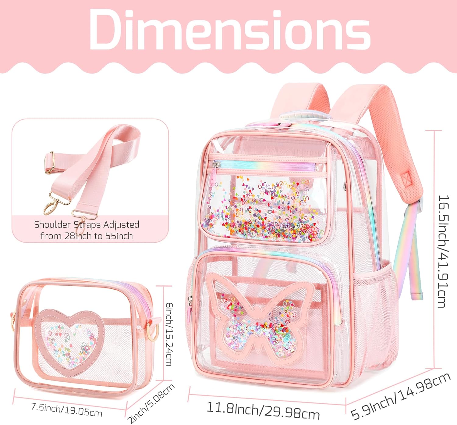 Clear Backpack for Girls,Transparent Backpacks Crossbody Bag for Kids Heavy Duty See Through School Bag Clear Bookbag (Pink1, Large) - Image 2
