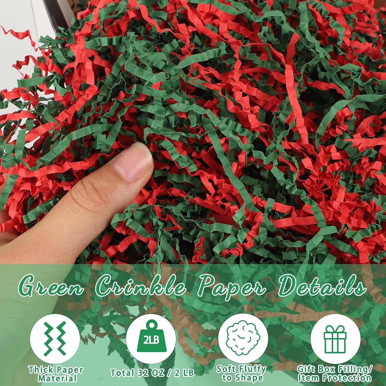 woric 2 LB Crinkle Cut Paper Shred Filler, Red & Green Crinkle Paper Shredded Paper Stuffing for Christmas Baskets Box Filling Gift Wrapping Birthday Wedding Anniversary