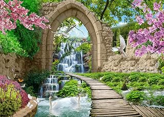 BELECO 7x5ft Fabric Romantic Garden Backdrop Mountain Waterfall Blooming Cherry Blossoms Dove Swan Lake River Bridge Wonderland Background Home Wall Decor Birthday Wedding Photoshoot Studio Props