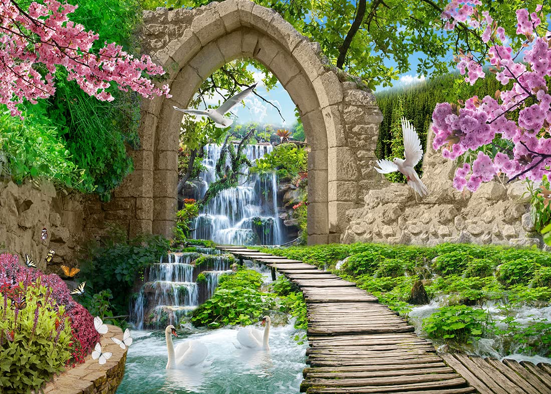 BELECO 12x10ft Fabric Romantic Garden Backdrop Mountain Waterfall Blooming Cherry Blossoms Dove Swan Lake River Bridge Wonderland Background Home Wall