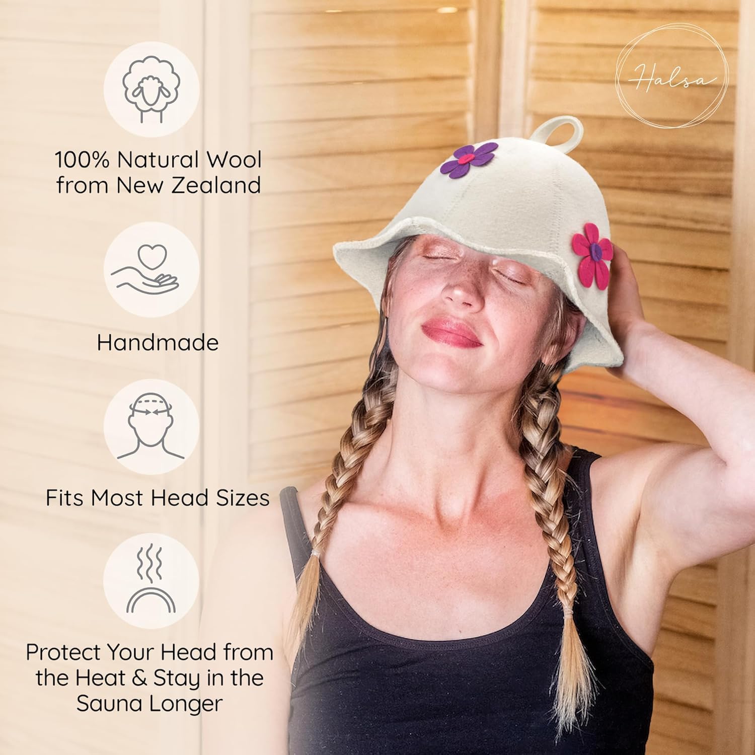 Halsa Sauna Hat, Natural Wool Sauna Cap for Men and Women | Flowers | Eco-Friendly Insulating Headgear for Spa, Steam Room, Banya, Bathhouse | Comfortable, Breathable, Handmade | One Size Fits All - Image 2