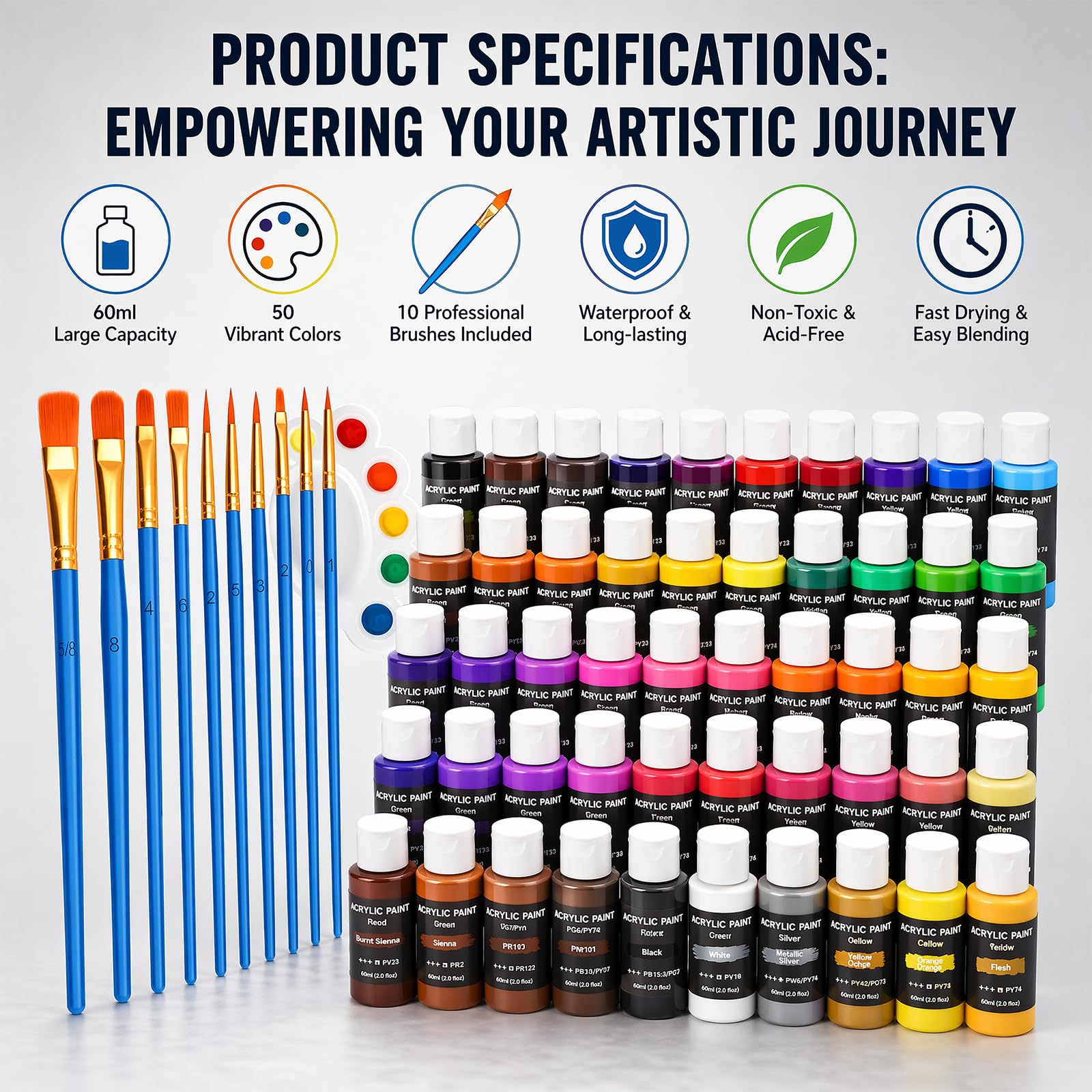 Juego de 50 pinturas acrílicas de 60 ml en botellas, de alta calidad, no tóxicas, resistentes al agua, juego de pinturas acrílicas con pinceles para artistas, estudiantes, adultos, para lienzo, madera