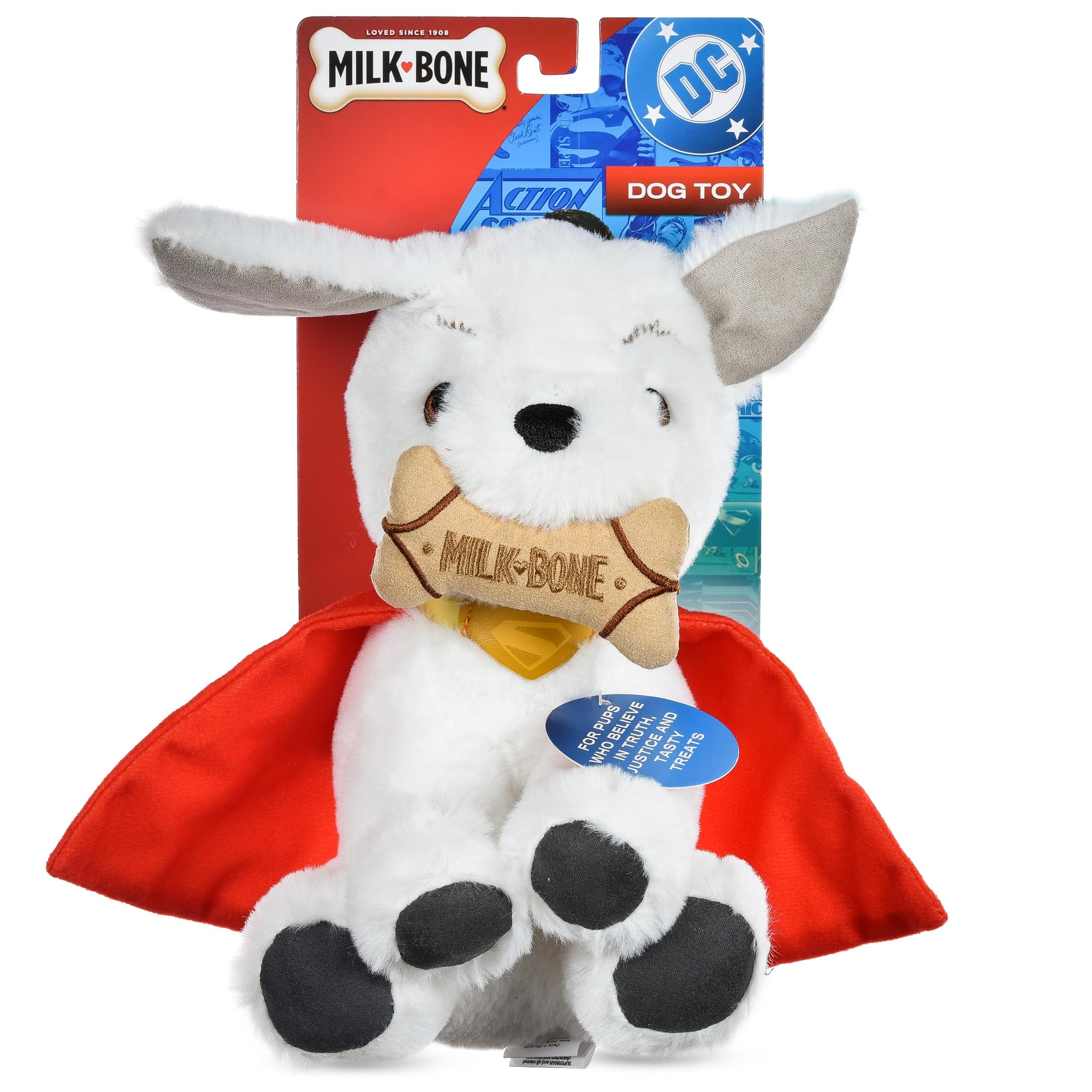 DC Comics Superman Krypto The Superdog Plüsch-Hundespielzeug – weiches quietschendes Hundespielzeug mit Knistergeräuschen, Umhang & Milchknochen-Leckerli-Design, 19,1 cm