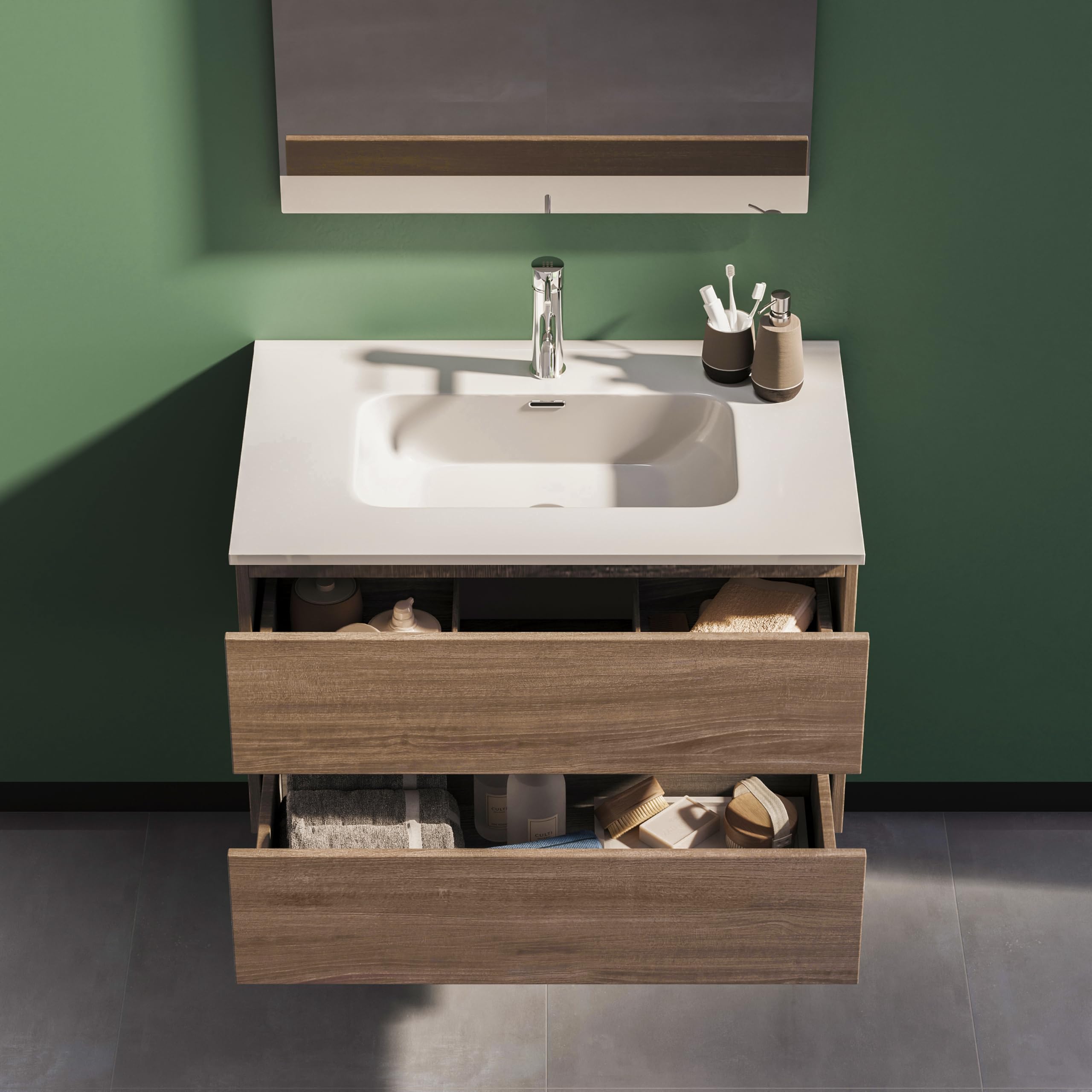 Parama Mobile Da Bagno Sospeso Mod. Yili Con Lavabo In Ceramica Profondità 46cm Specchio Filolucido Incluso (70cm, Rovere scuro)