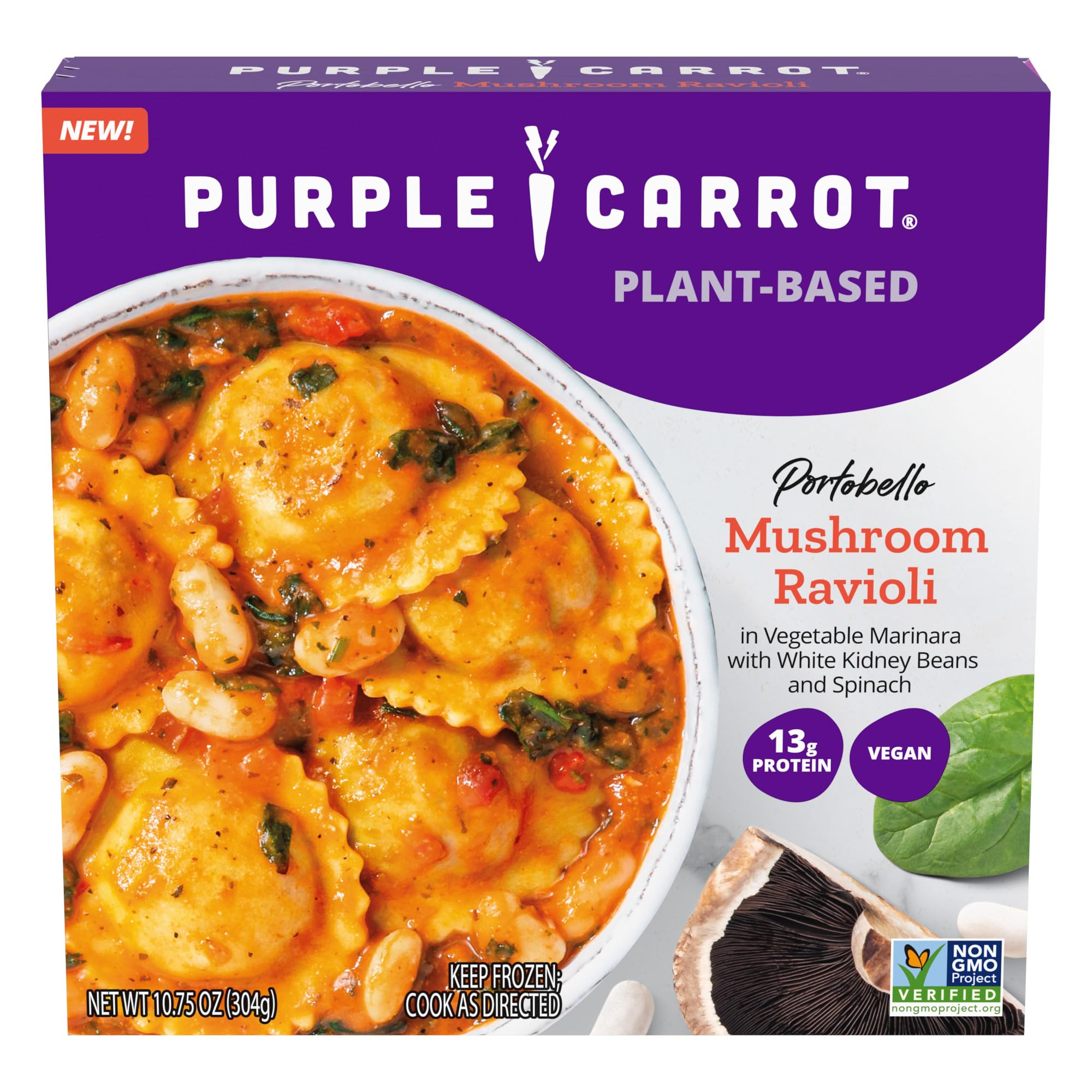 Purple Carrot Portobello Mushroom Non-GMO Ravioli, Vegan Frozen Meal, 13g Protein, 10.75 oz.