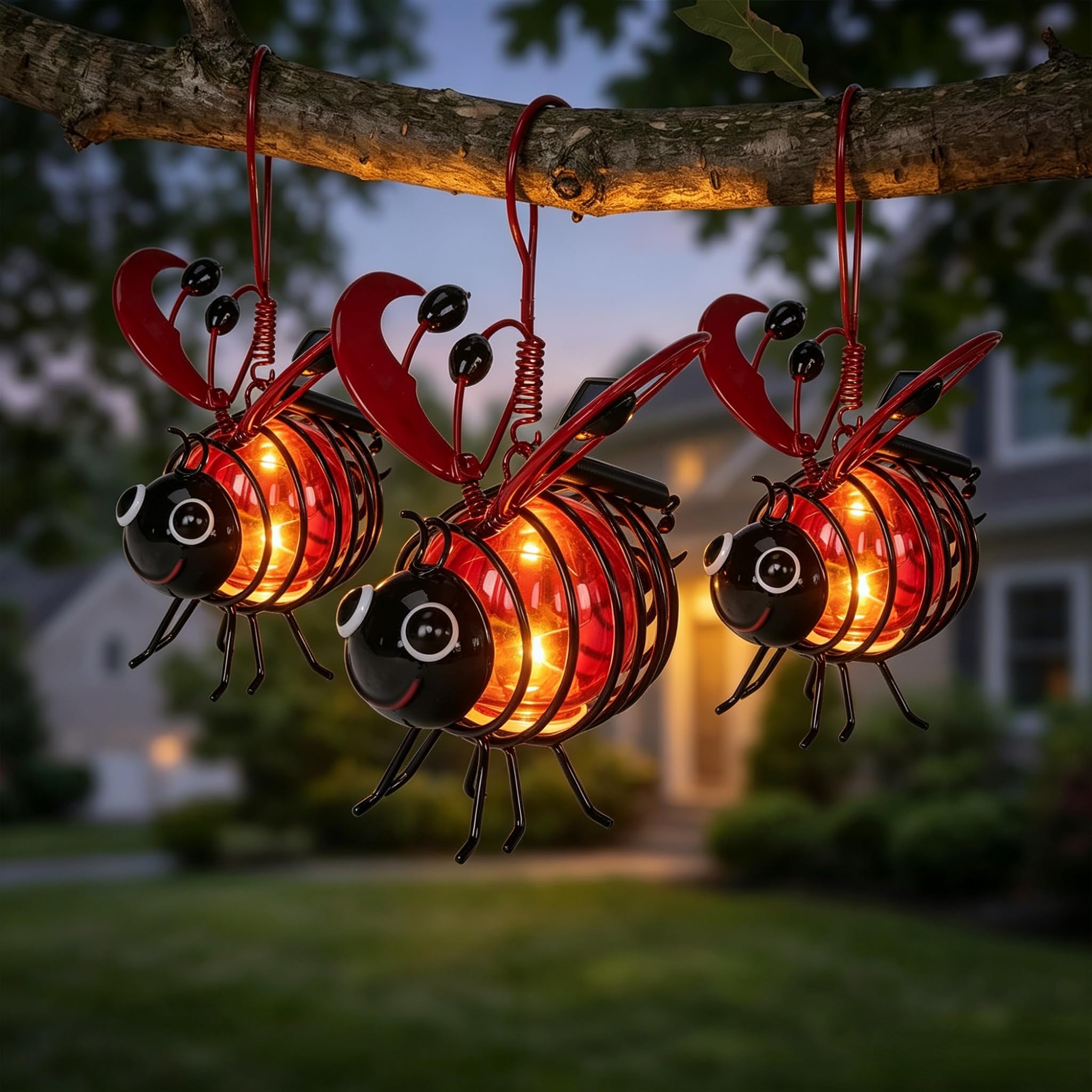 3PCS Bee Solar Lights Outdoor Garden, Metal Solar-Powered Hanging Bee Light