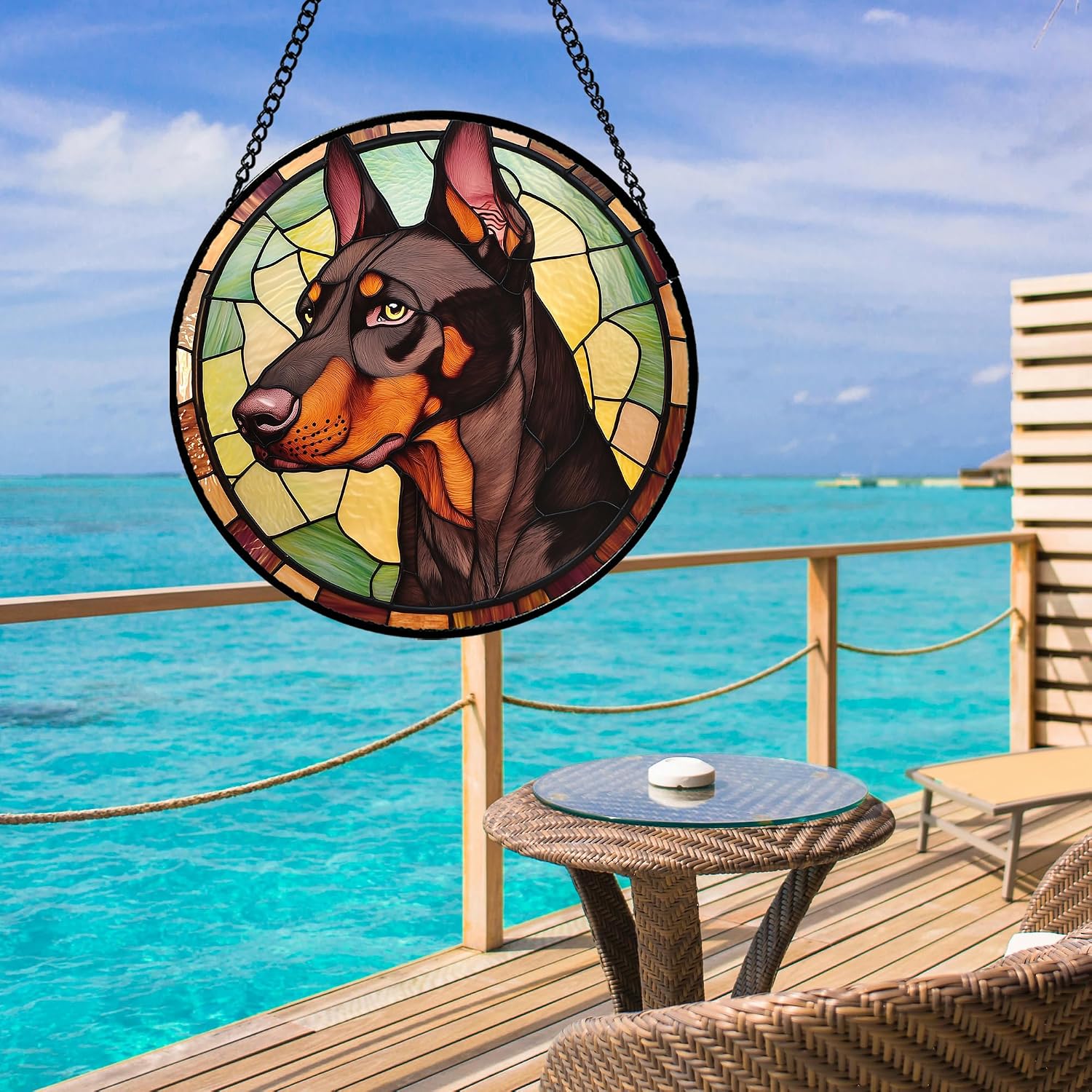 Stained Glass Window Hanging - Funny Dark Brown Doberman Pinscher Suncatcher for Door Terrace Garden Home Decor, Pet Dog Sun Catcher Birthday Gifts for Lovers Women Men Dad Mom Nana 6.3 in