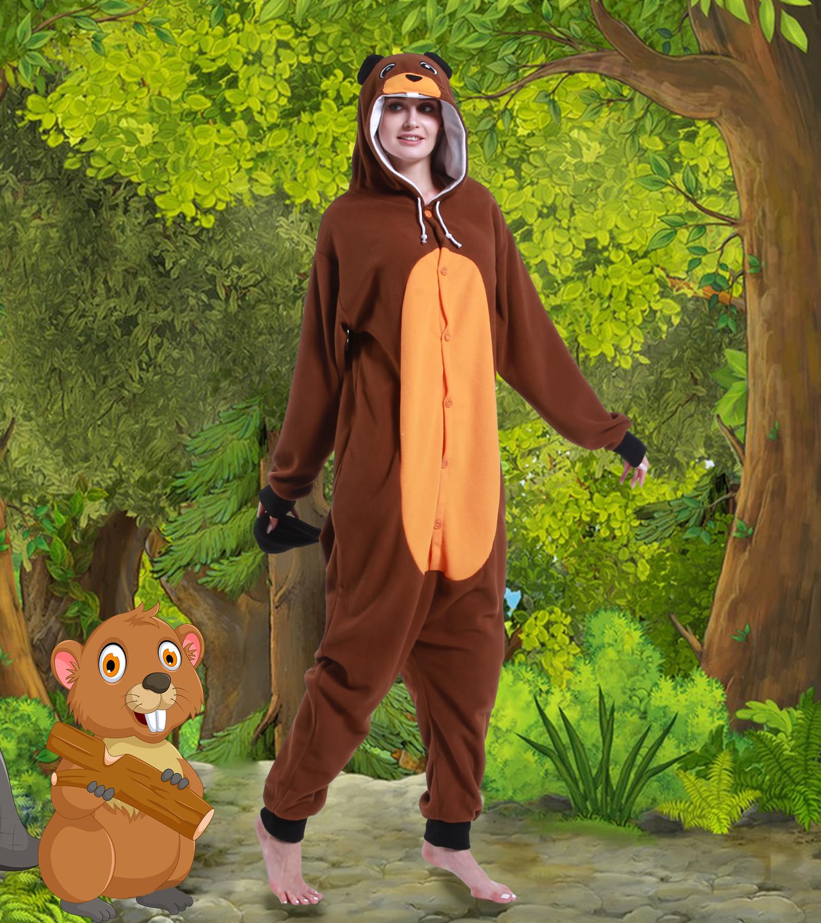 Guturris Pyjama Castor Marron Onesie Cosplay Animal Combinaison d'halloween Une pièce Vêtements de Nuit pour Femmes et Hommes