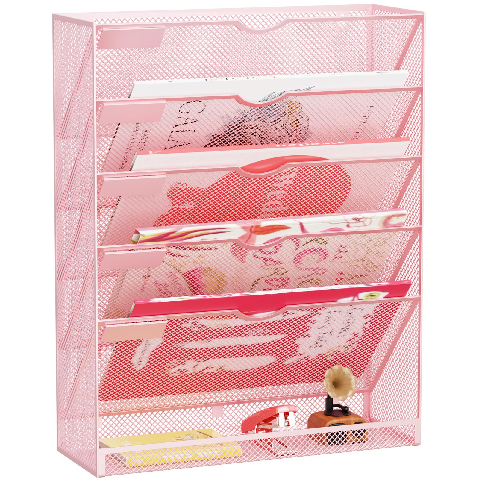 Hanging Wall File Organizer 6 Tier Wall Mounted Mail Paper Folder Holder Document Organization Stand, Vertical Desk Magazine Rack for Office Home Cubicle Countertop, Pink