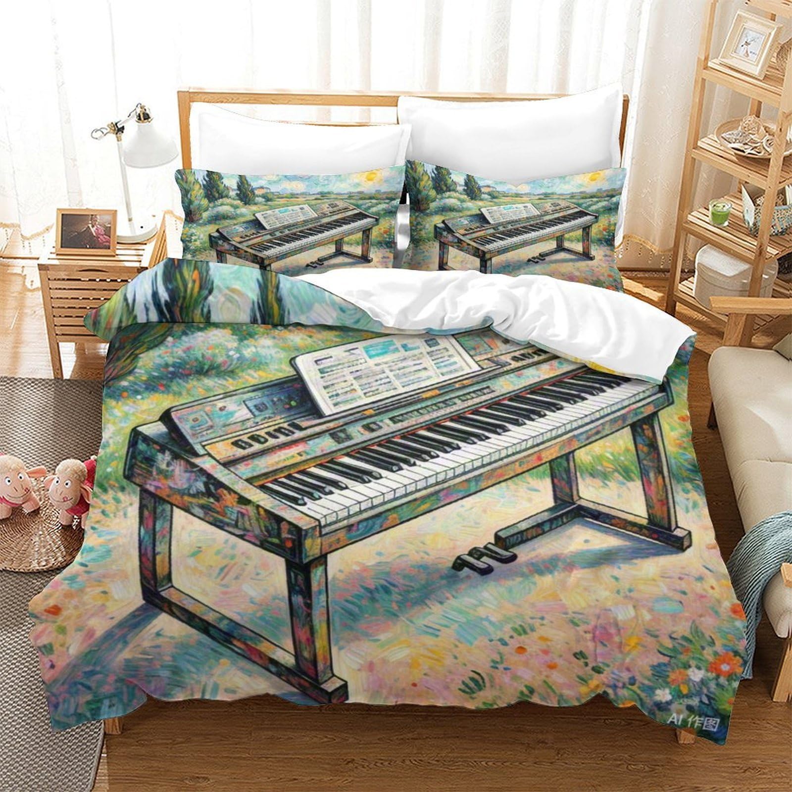 Clavier électronique housse de couette 140x200cm en microfibre avec taie d'oreiller pour enfant