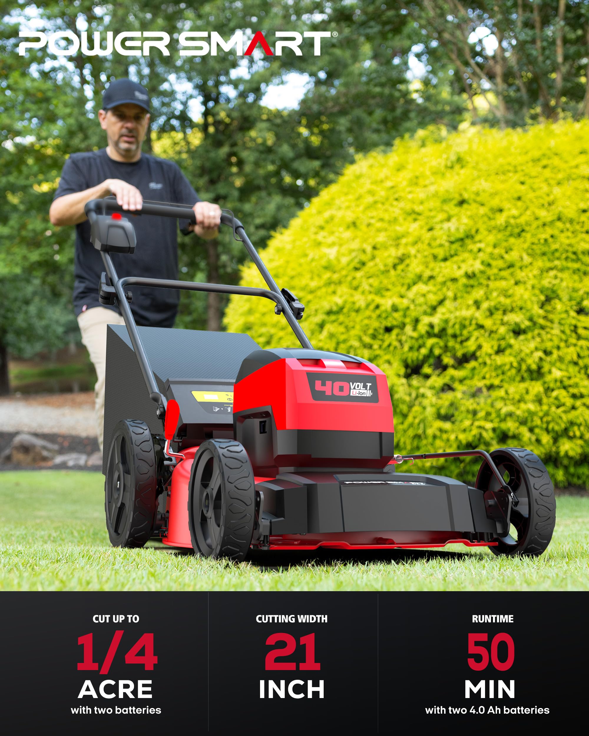 PowerSmart 40V 21" Cordless Lawn Mower, Up to 1/4 Acre, Dual 40V 4.0Ah Batteries and a Charger Included, 1.5" - 3.9" Height Adjustment, 1.4 Bushels Collecting Bag (MB2400B)