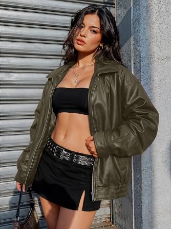 AUTOMET Women's Oversized Faux Leather Jacket for Fall and Winter