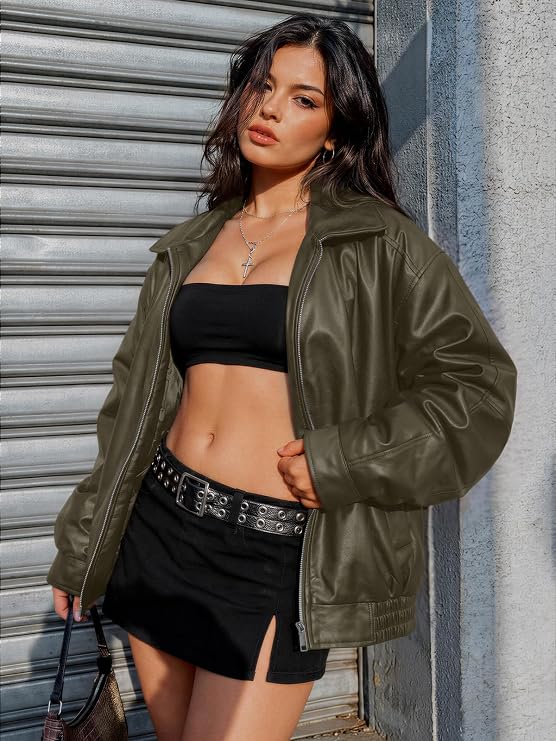 AUTOMET Women's Oversized Faux Leather Jacket for Fall and Winter