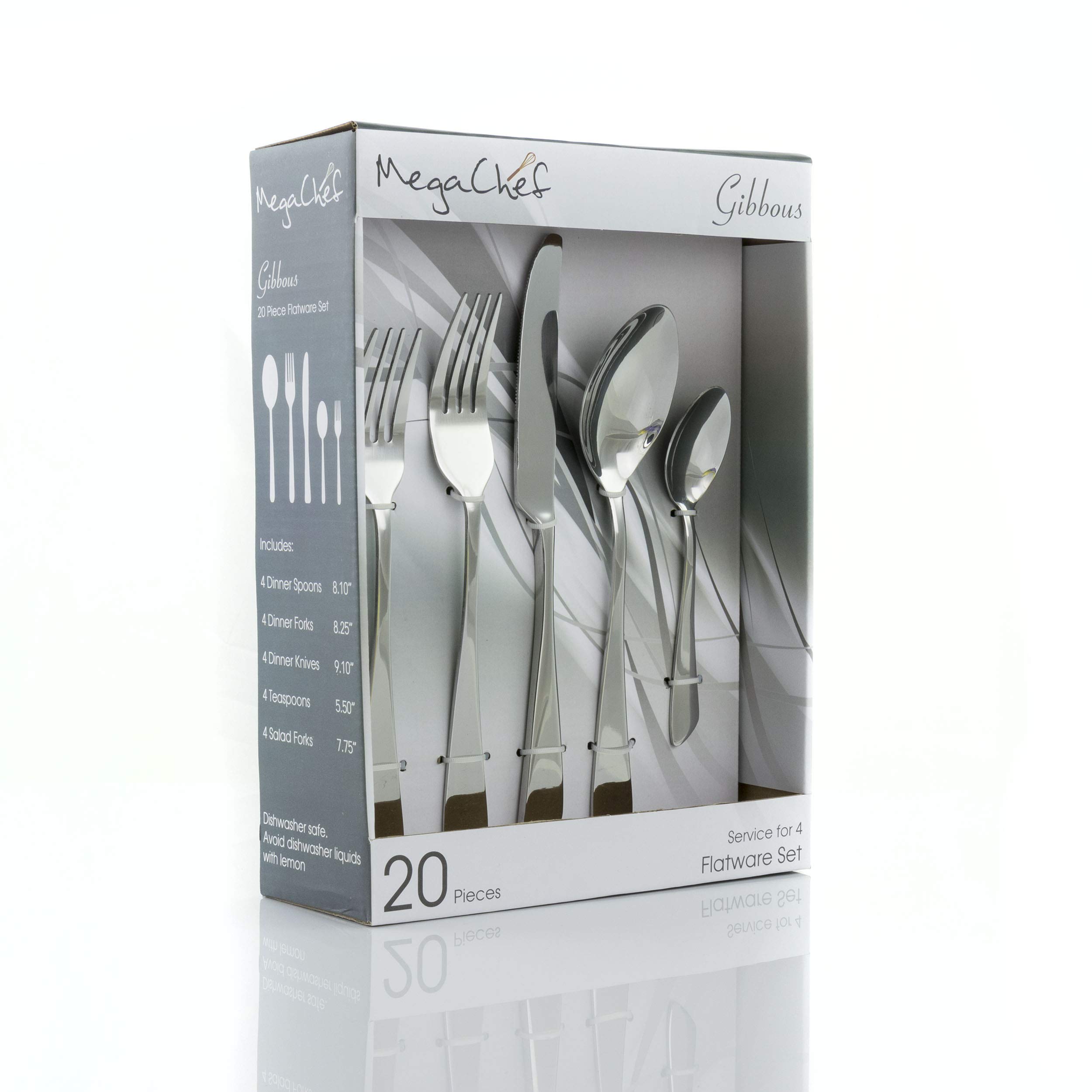 MegaChef Gibbous 20 Piece Flatware Utensil Set, Stainless Steel Silverware Metal Service for 4 in Silver