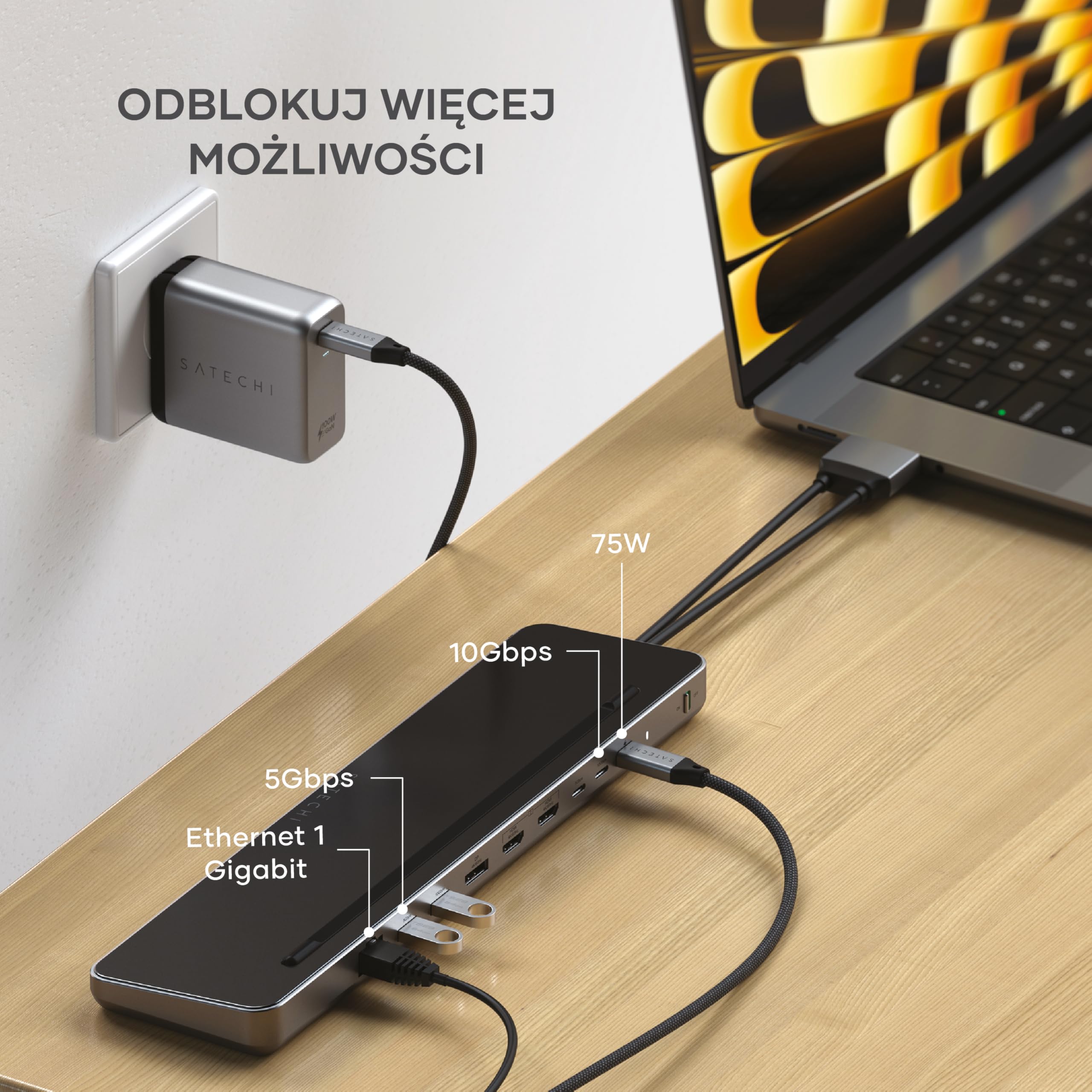 SATECHI Dual USB-C Stacja Dokująca i Podstawka, Stacja Dokująca z 2x 4K HDMI, Displayport, USB-C i USB-A, Ethernet, SATA i Obudową SSD NVMe – do MacBook Air i Pro i innych