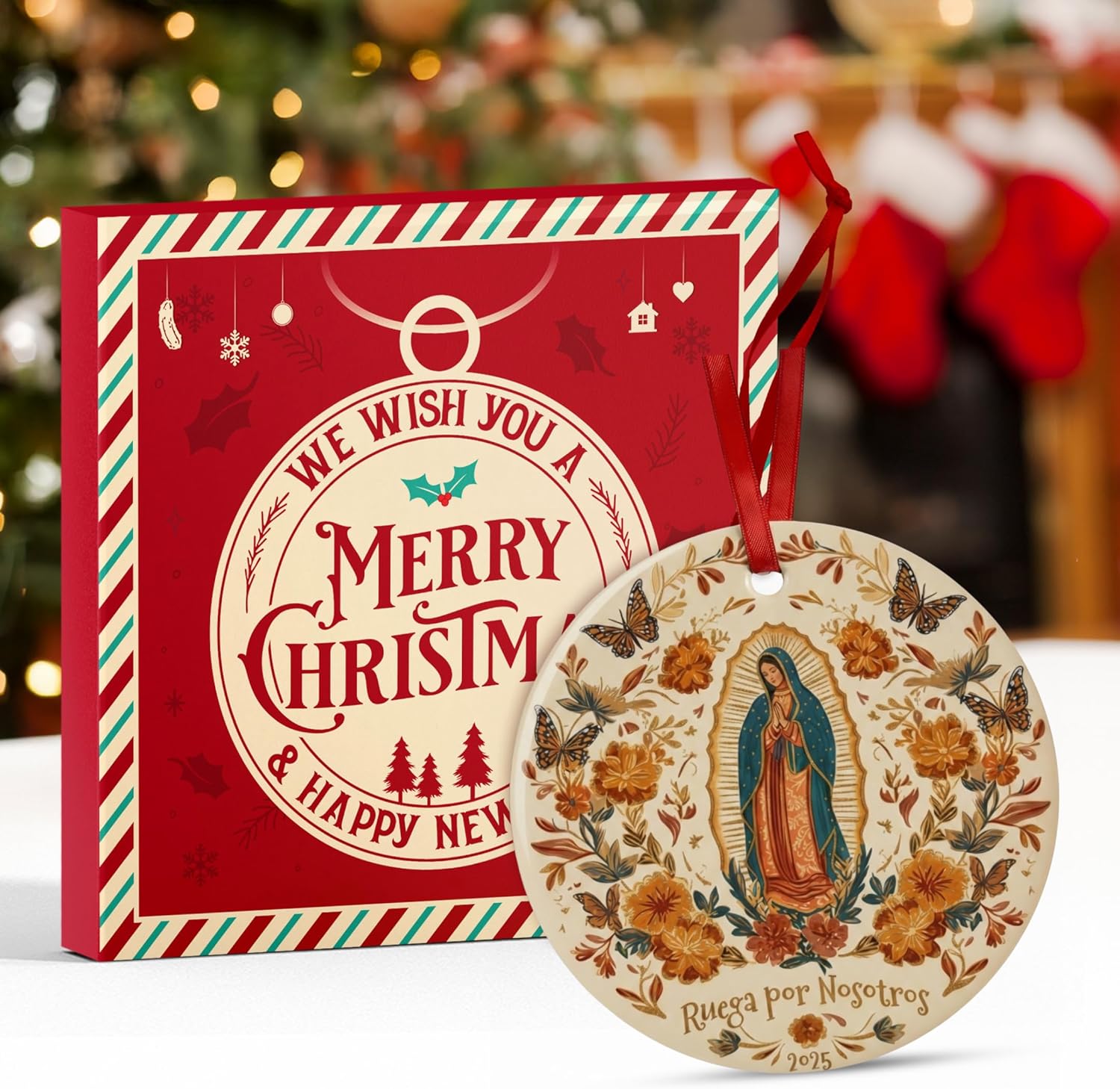 Our Lady of Guadalupe Ornament 2025 - Virgen de Guadalupe Ceramic Christmas Decoration, Ruega por Nosotros Catholic Religious Gift for Abuela Mom, Mexican Heritage Virgin Mary Keepsake - Image 2