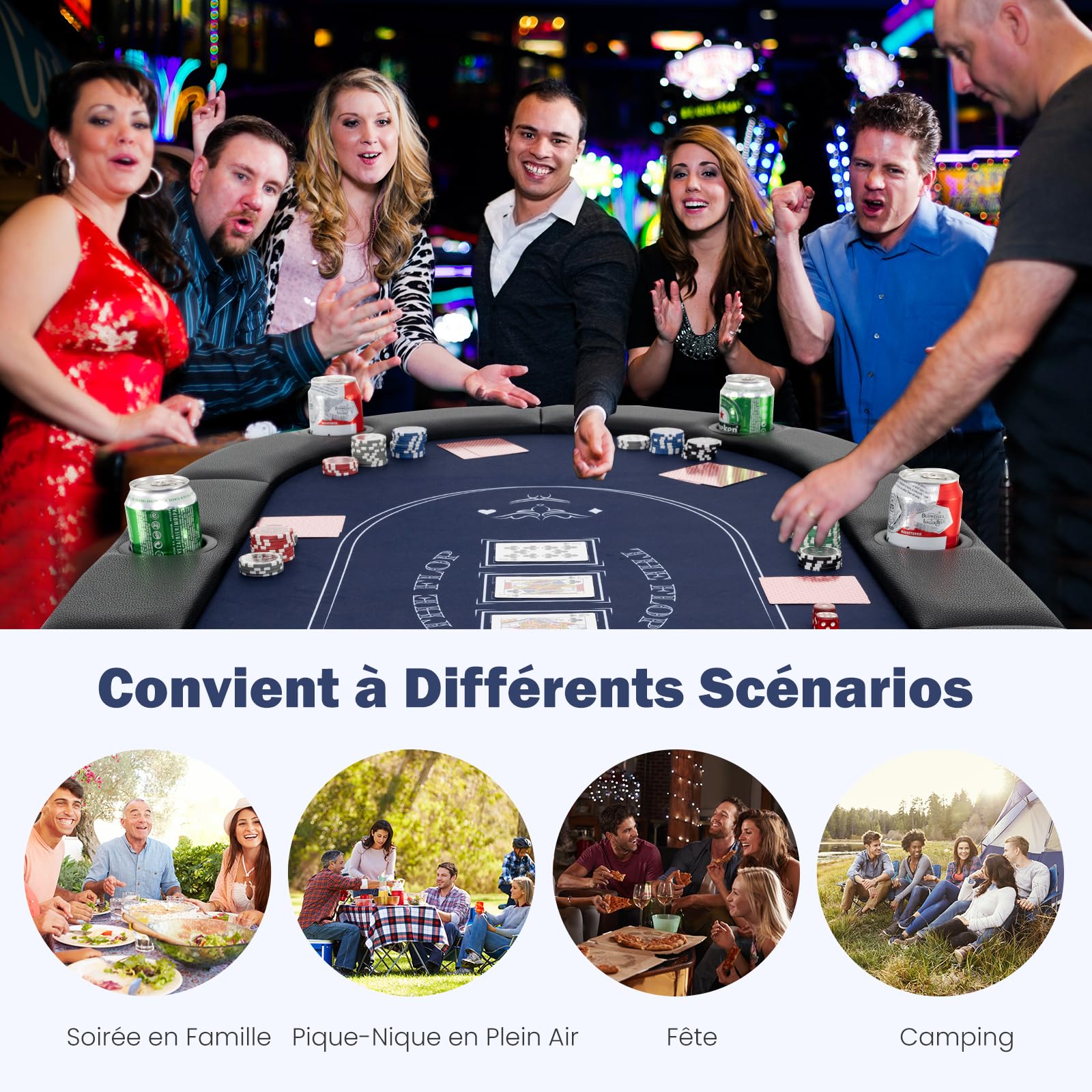 GOPLUS Table de Poker Pliable 8 Joueurs, Table de Jeu de Société 182 cm, 8 Porte-gobelets en Métal, Rampes Rembourrées, Table de Blackjack Texas Hold'em, pour Soirée en Famille (Bleu)
