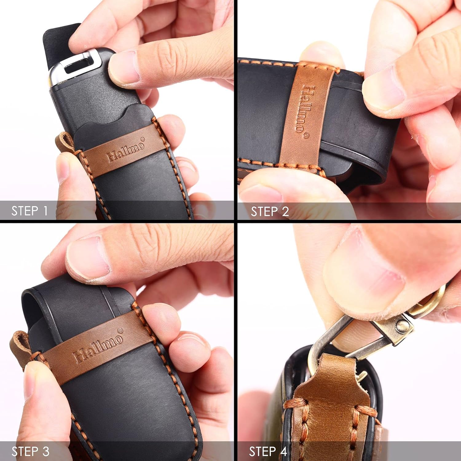 ontto 4-Button Key Fob Cover with Keychain Leather Key Holder Case for Hyundai Sonata Tucson Elantra Santa fe Black