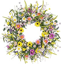 22 Inches Spring Wreaths for Front Door Spring Flower Wreaths Summer Door Wreath Colorful Wildflower Wreath with Daisy Lavender for Window Indoors Outdoor Decor