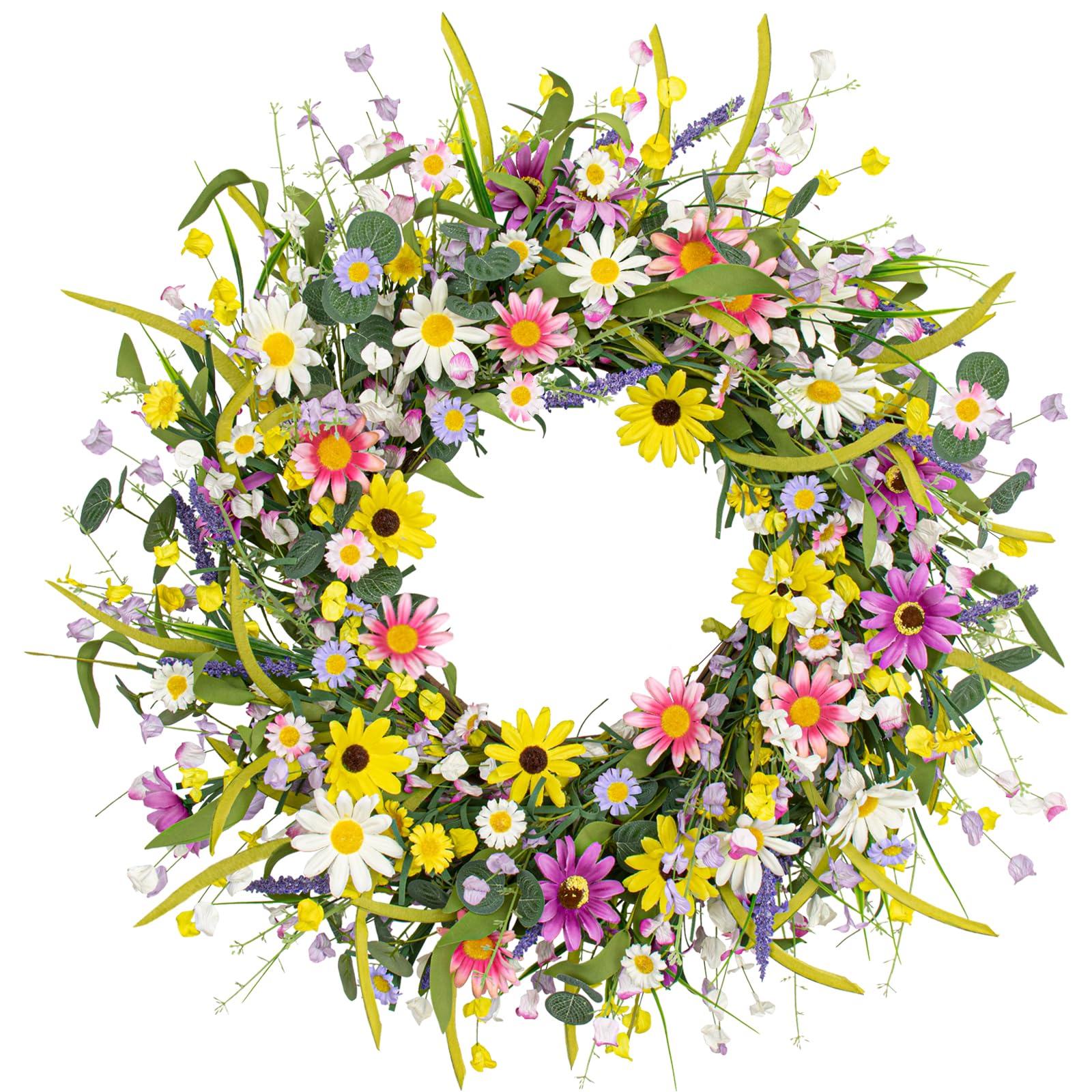 22 Inches Spring Wreath for Front Door Spring Flower Wreaths Summer Door Wreath Colorful Wildflower Wreath with Daisy Lavender for Window Indoors Outdoor Decor
