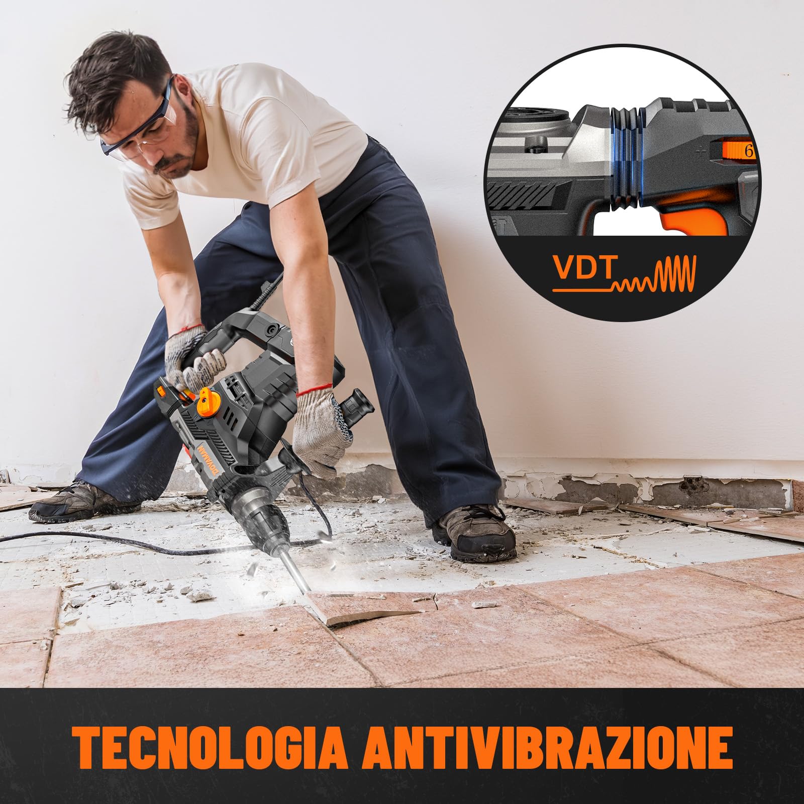 DOVAMAN RH15A Martello Perforatore SDS-Plus, 1500W Martello Demolitore con 4 Funzioni, 4350 bpm, 7J, 900 giri/min, Anti Vibrazioni, Frizione di Sicurezza, con Set Punte e Scalpelli, per Cemento e Muro