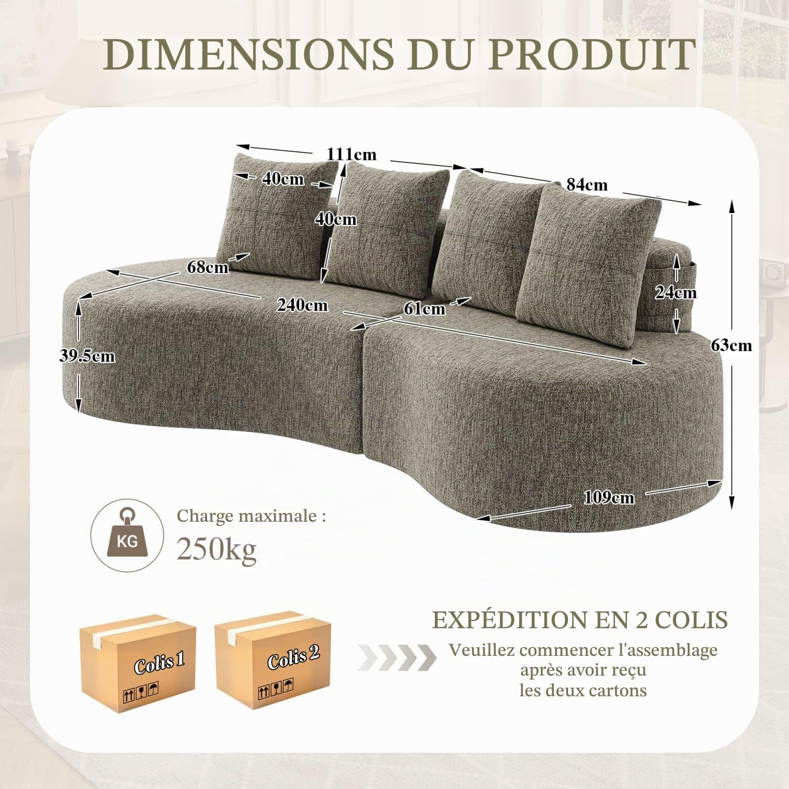 KOMHTOM Canapé d'angle en Lin Respirant, Canapé Modulable 3 Places Kaki-B