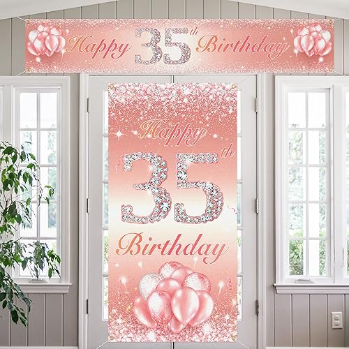 Juego de carteles largos de feliz cumpleaños 35 para puerta, porche, decoración de cumpleaños de 35 años, suministros de fiesta para mujeres, oro