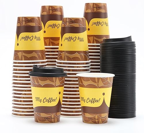 Tamone Paquete de 100 tazas de café de papel de 12 onzas, tazas de café desechables con tapas, tazas de bebida fríacaliente para café, agua, jugo o