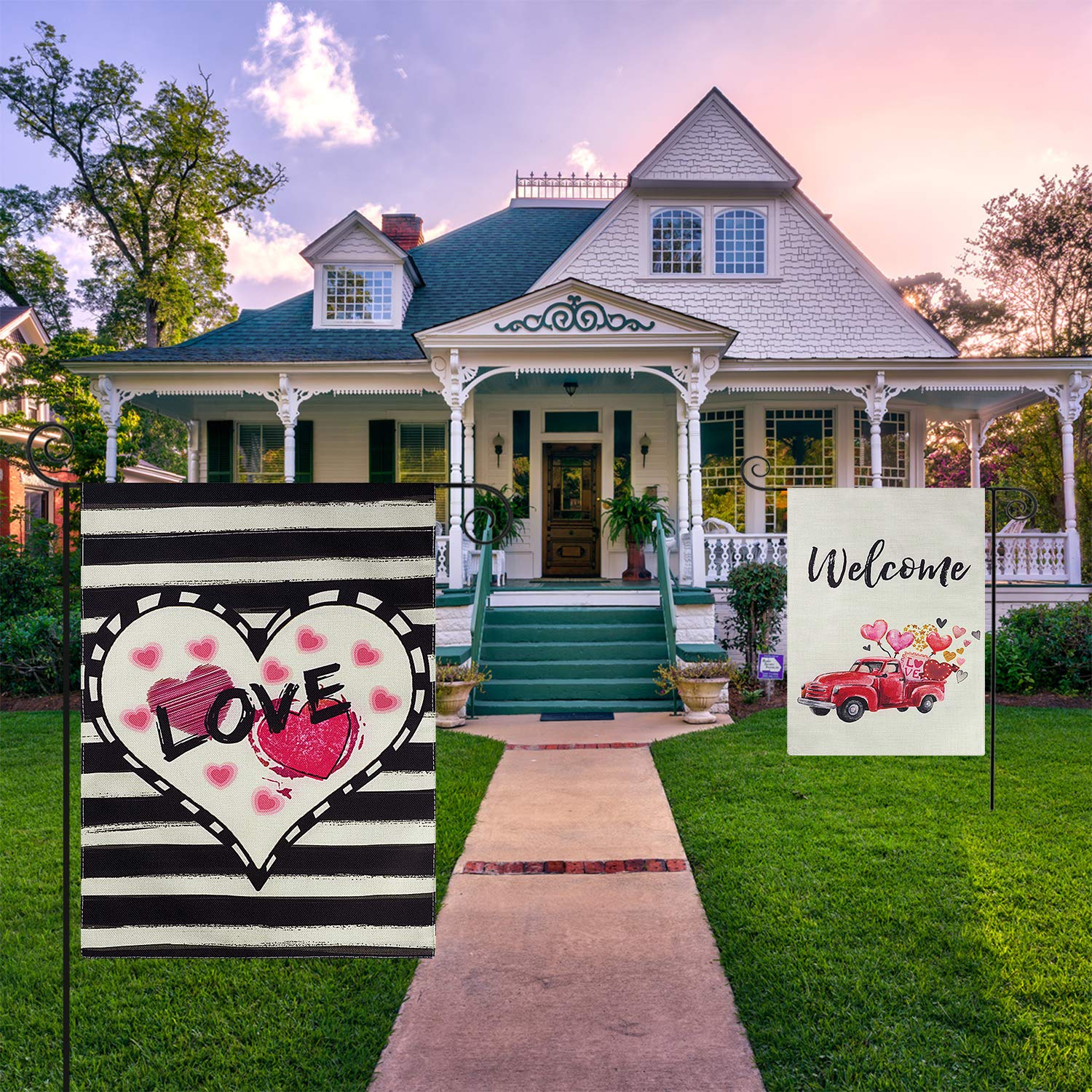 ARDOUR VAN CDLong 2 Pack Valentine's Day Garden Flag - Love Heart & Love Heart Truck Yard Flag - Vertical Double Sized Holiday Yard Outdoor Decoration 12.5 x 18 Inch