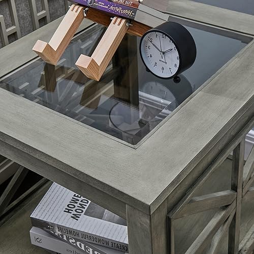 Miniatura 4 de LEEMTORIG Mesa auxiliar rústica grande, mesas auxiliares grises con vidrio templado para sala de estar, mesa auxiliar cuadrada industrial de madera